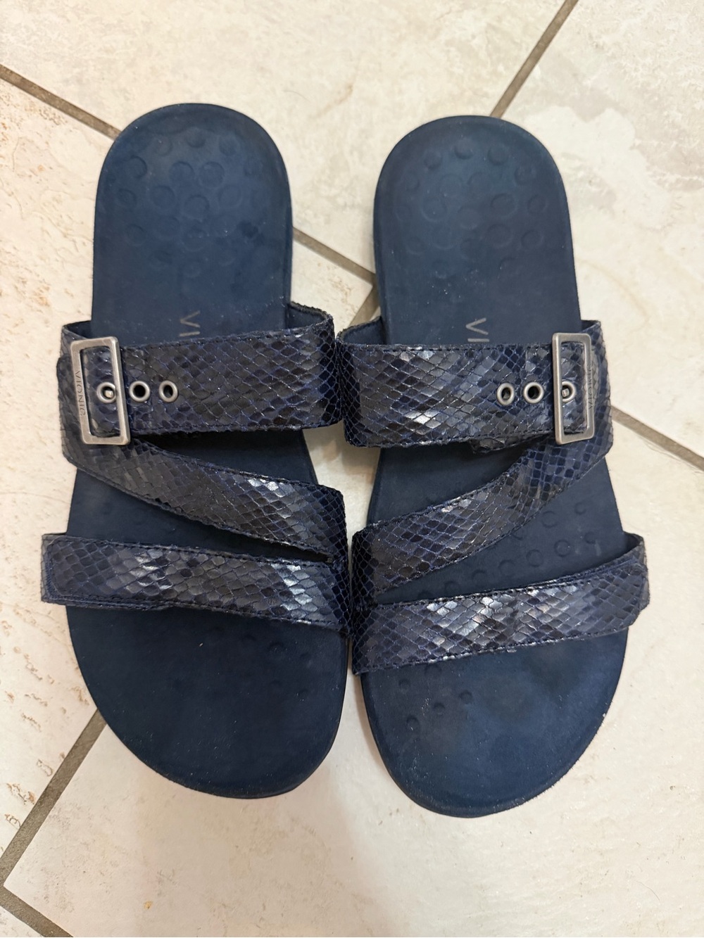 Vionic Navy Snake-Texture Triple Strap Slide Sandals - Picture 3 of 4